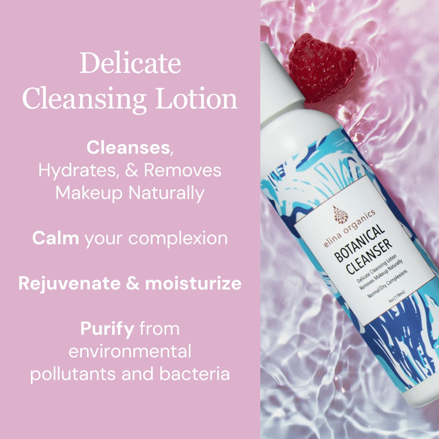 Elina Organics Botanical Cleanser, 8oz – Gentle, Hydrating Face Wash with Spirulina & Willow Bark – Organic and Vegan – Removes Makeup & Impurities – For Normal & Dry Skin