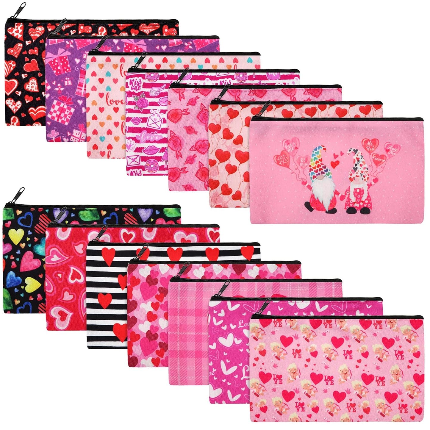 Reginary 14 Pcs Valentine Makeup Bag Set - Heart Cosmetic Bags for Women | Pink & Red Travel Pouches with Zipper