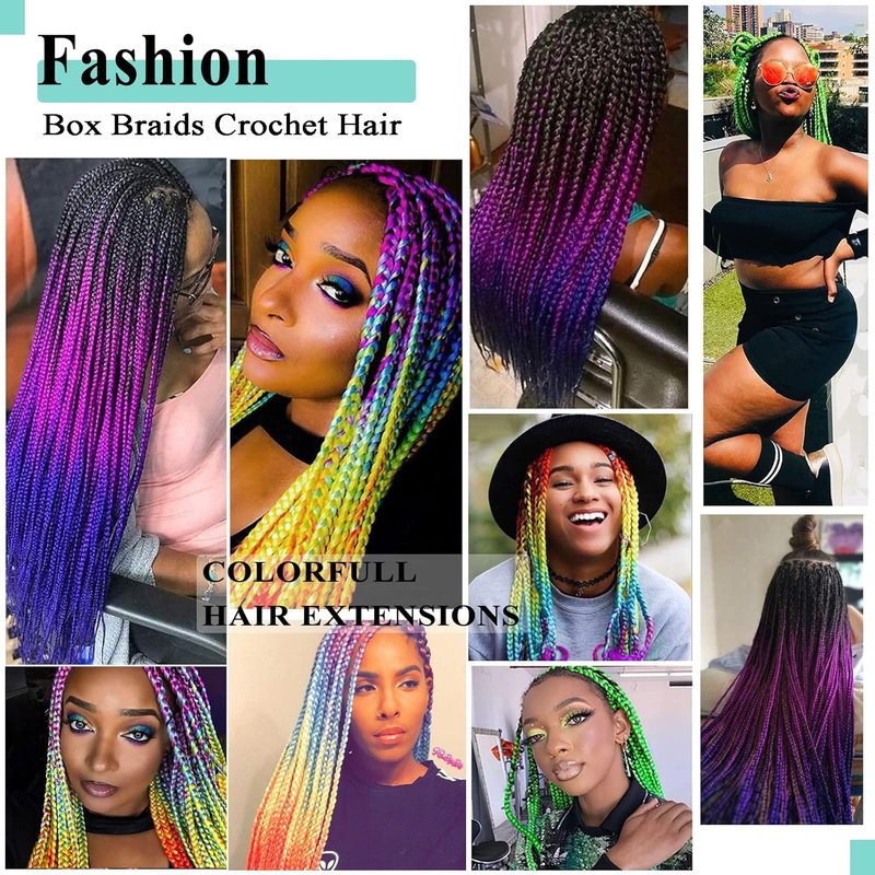 Crochet Box Braids - 24 Inch Prelooped Rainbow Ombre Goddess Hair | 8 Packs Synthetic Braiding Extensions for Black Women