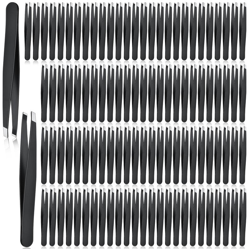 Lasnten 120 Pieces Stainless Steel Eyebrow Slanted Tweezers Black Slanted Tip Eyebrow Tweezers for Men and Women Removal Eyebrows,Ingrown Hair,Hand and Facial Hair,Lash Extension