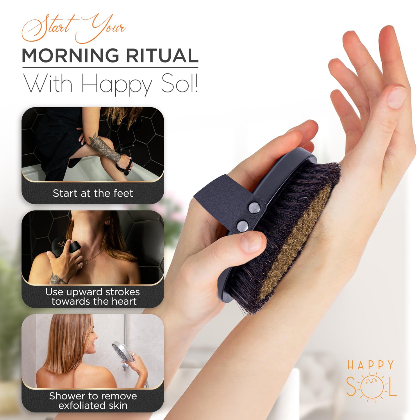 Copper Dry Brushing Body Brush for Lymphatic Drainage by HAPPY SOL - Ion Charged Copper Bristles for Glowing Skin, Improve Blood Circulation and Reduce Stress
