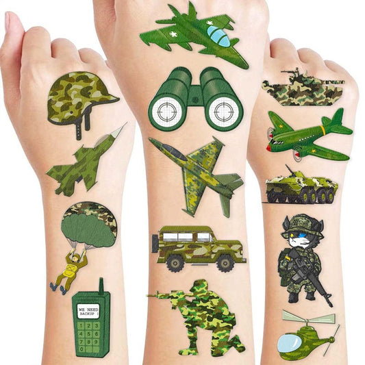 96 PCS Military Camouflage Temporary Tattoos Themed Army Birthday Party Decorations Supplies Favors Decor Camo Soldier Tank Helicopter Tattoo Stickers Gifts For Kids Adults Boys Girls Prizes Carnival