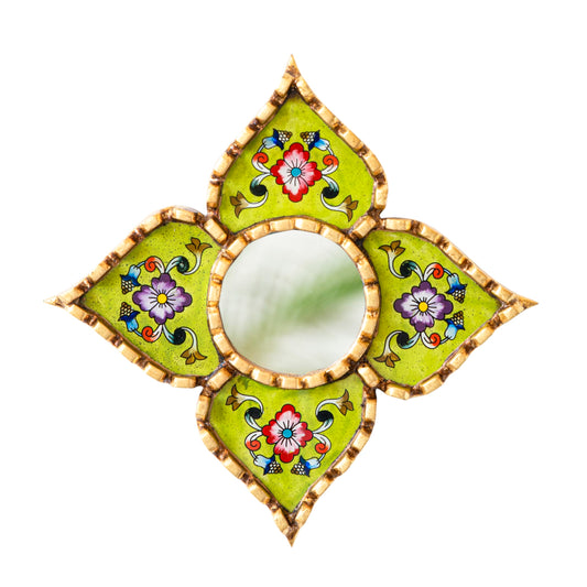 DecorContreras Peruvian Wall Mirror Lime Green Hand Painted Glass Diamond