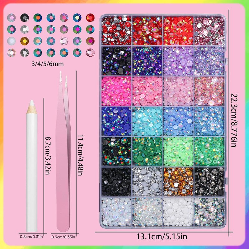Color Rhinestones for Bedazzling - 22300 Pcs 3-6 mm Resin Gems for Crafting, Nails, Face Makeup & Tumblers | White, Pink, Purple, Black, Gold, Tan, Red, Silver