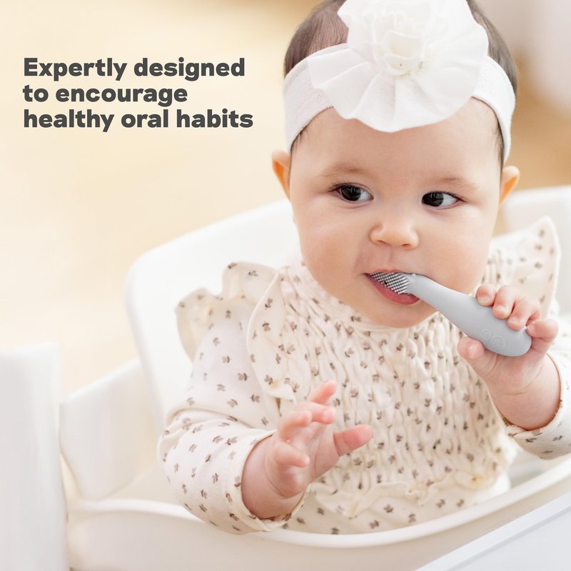 ezpz Baby-Led Toothbrush (Sage) - 3 Months + - 100% Silicone Infant Toothbrush with Sensory Bumps - Cleans Gums + New Teeth - Improves Hand-to-Mouth Coordination, Self-Feeding Skills