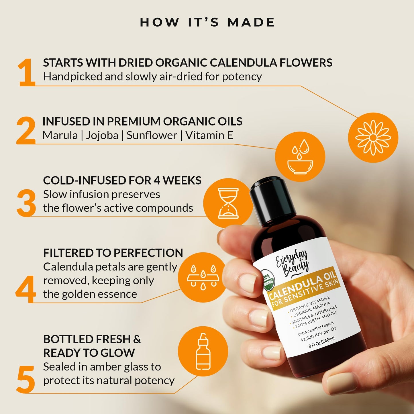 Organic Calendula Oil For Sensitive Skin -Bulk 8 Fl Oz- USDA Organic Certified 100% All Natural Plant Based, Lightweight & Unscented Gentle Soothing Oil For Sensitive Skin - For Face, Skin & All Over