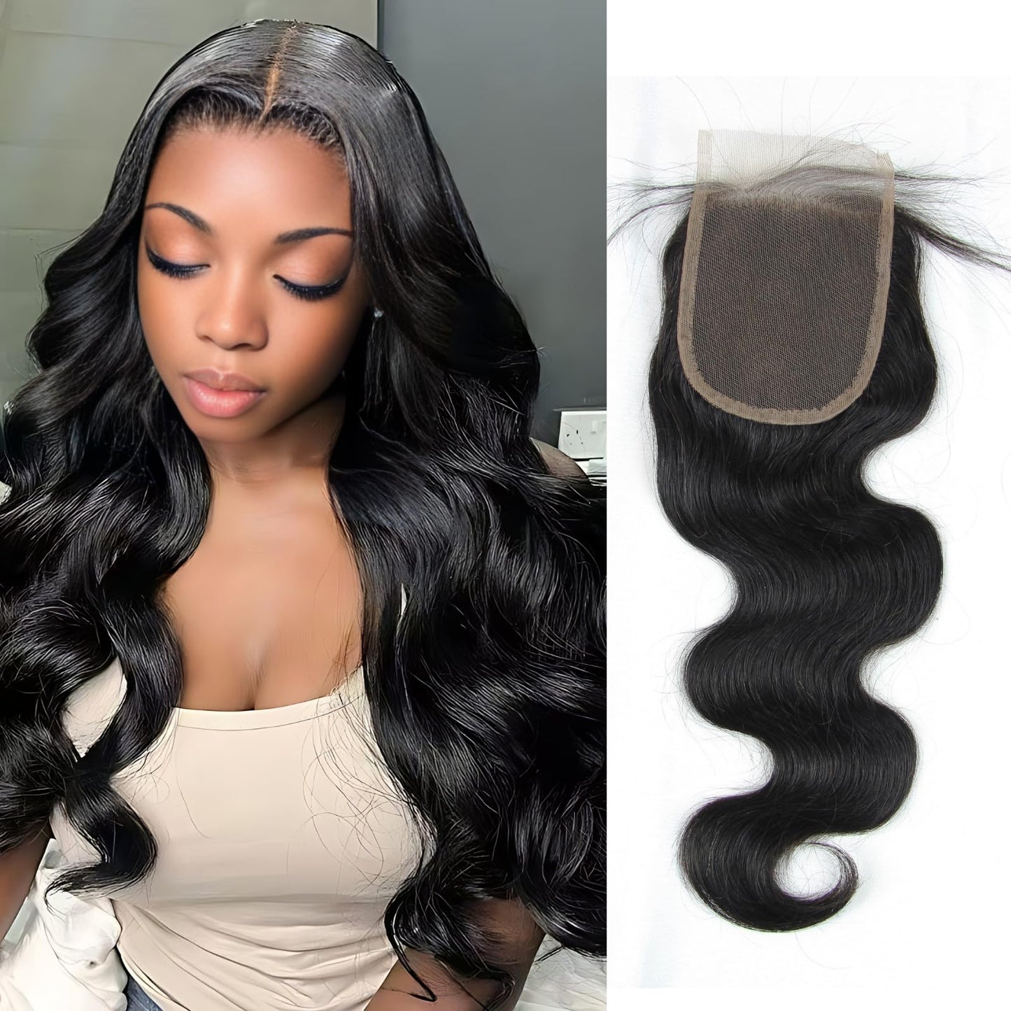 4x4 Lace Closure Body Wave - Transparent HD Free Part Invisible Lace Closure 100% Brazilian Virgin Human Hair Pre Plucked with Baby Hair Natural Black 12A Grade (16 Inch)