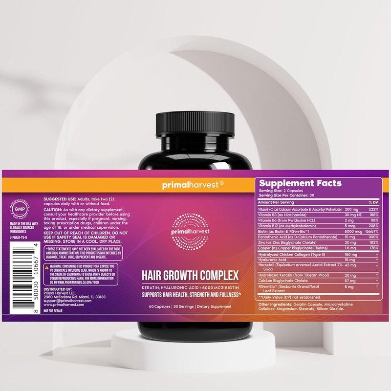Primal Harvest Hair Growth Vitamins - Natural Biotin & Zinc Supplement for Thicker Hair | 60 Capsules