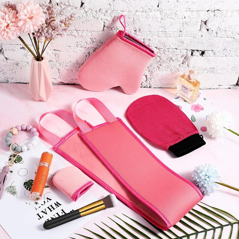 Self Tanning Mitt Applicator Kit - 5 Pieces with Exfoliating Glove & Back Lotion Applicator | Pink