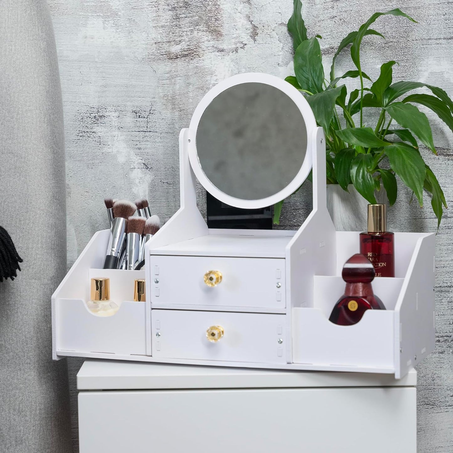 Wooden Makeup Organizer - Elegant Countertop Storage with Mirror & Drawers | Ideal for Brushes & Skincare