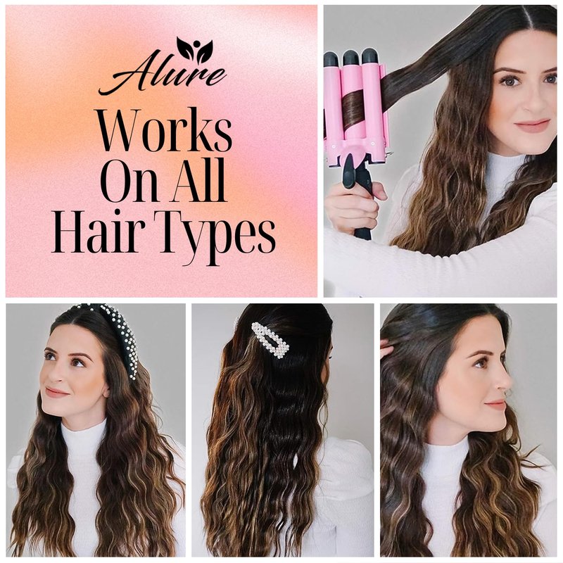 Alure Three Barrel Curling Iron Wand Hair Waver with LCD Temperature Display - 1 Inch Ceramic Tourmaline Triple Barrels, Dual Voltage Crimp