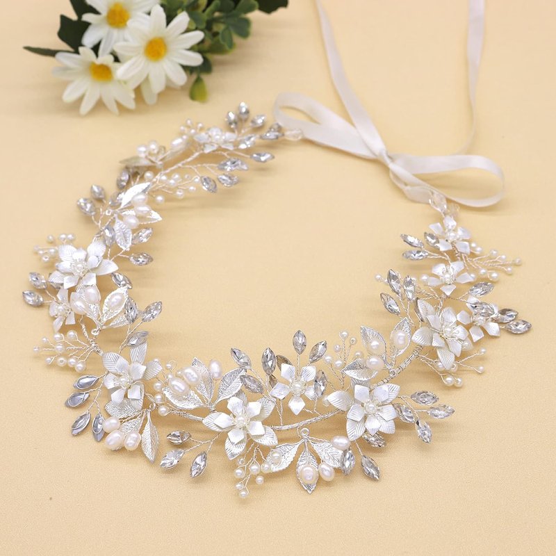 Oriamour Bridal Headband - Flower Design with Genuine Freshwater Pearls & Ribbons | Silver Hair Accessory for Weddings