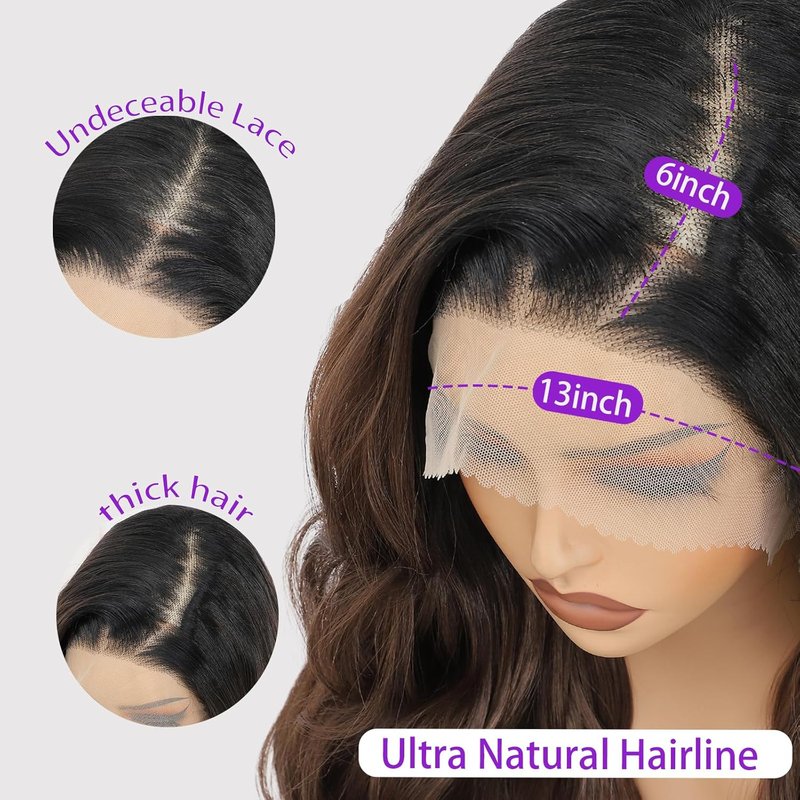 13x6 Lace Front Wig - Ombre Brown HD Lace Body Wave, Pre-Plucked, 28 Inch Long Wavy Synthetic Hair