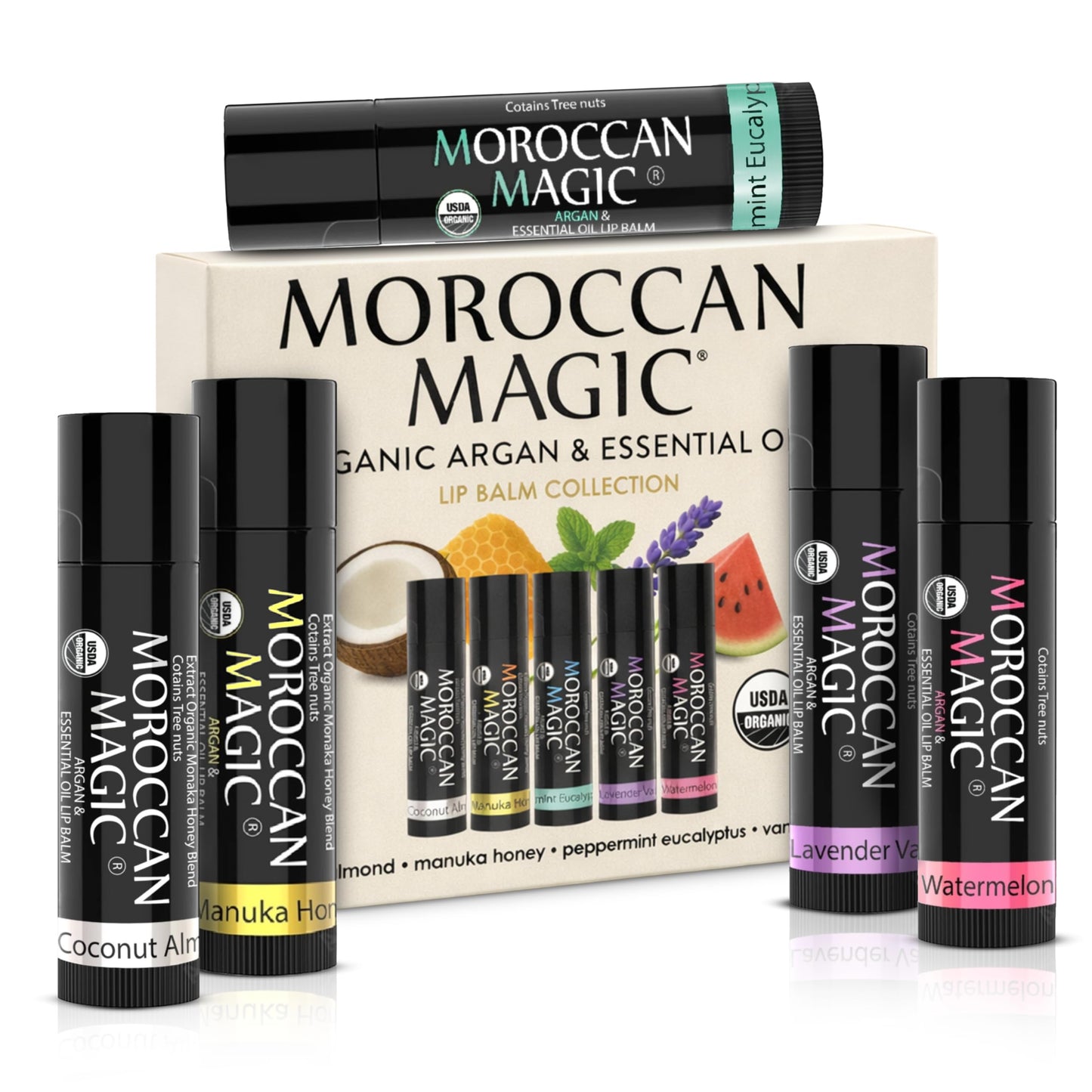 Moroccan Magic Organic Lip Balm & SPF15: 14 Piece Variety Pack Gift Set | Organic Argan and Essential Oils | Smooth | Natural | Non-Toxic | Cruelty Free | chapstick bulk lip balm | 14 Pack