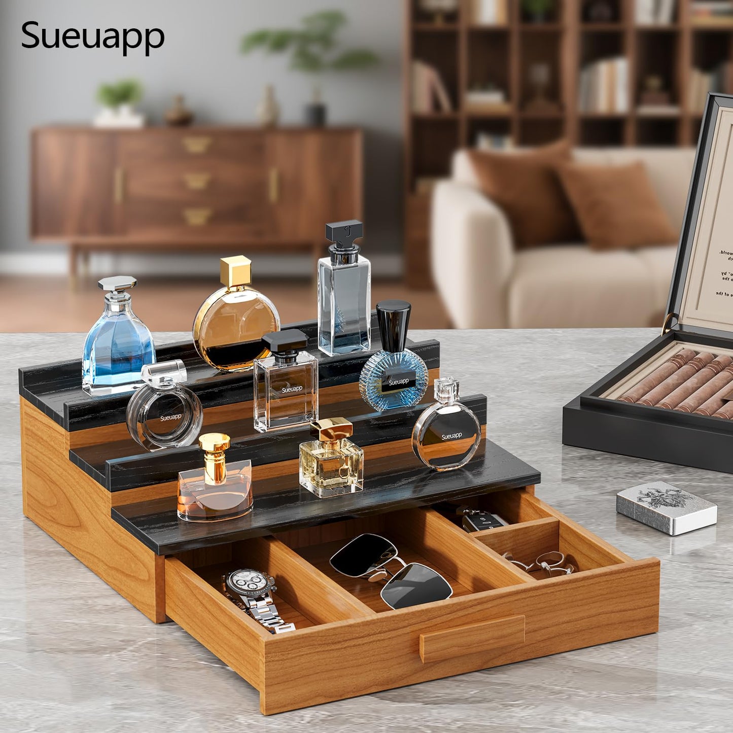 Sueuapp Walnut Cologne Organizer for Men（Dark Walnut ）