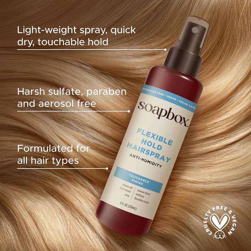 Soapbox Non Aerosol Hairspray, Anti Humidity & Flexible Hold Hairspray Adds Shine & Controls Frizz - Scented Anti Frizz Hair Spray with B5 & Aloe Vera - Touchable, Light, Soft Hold, Non-Aerosol - 8oz