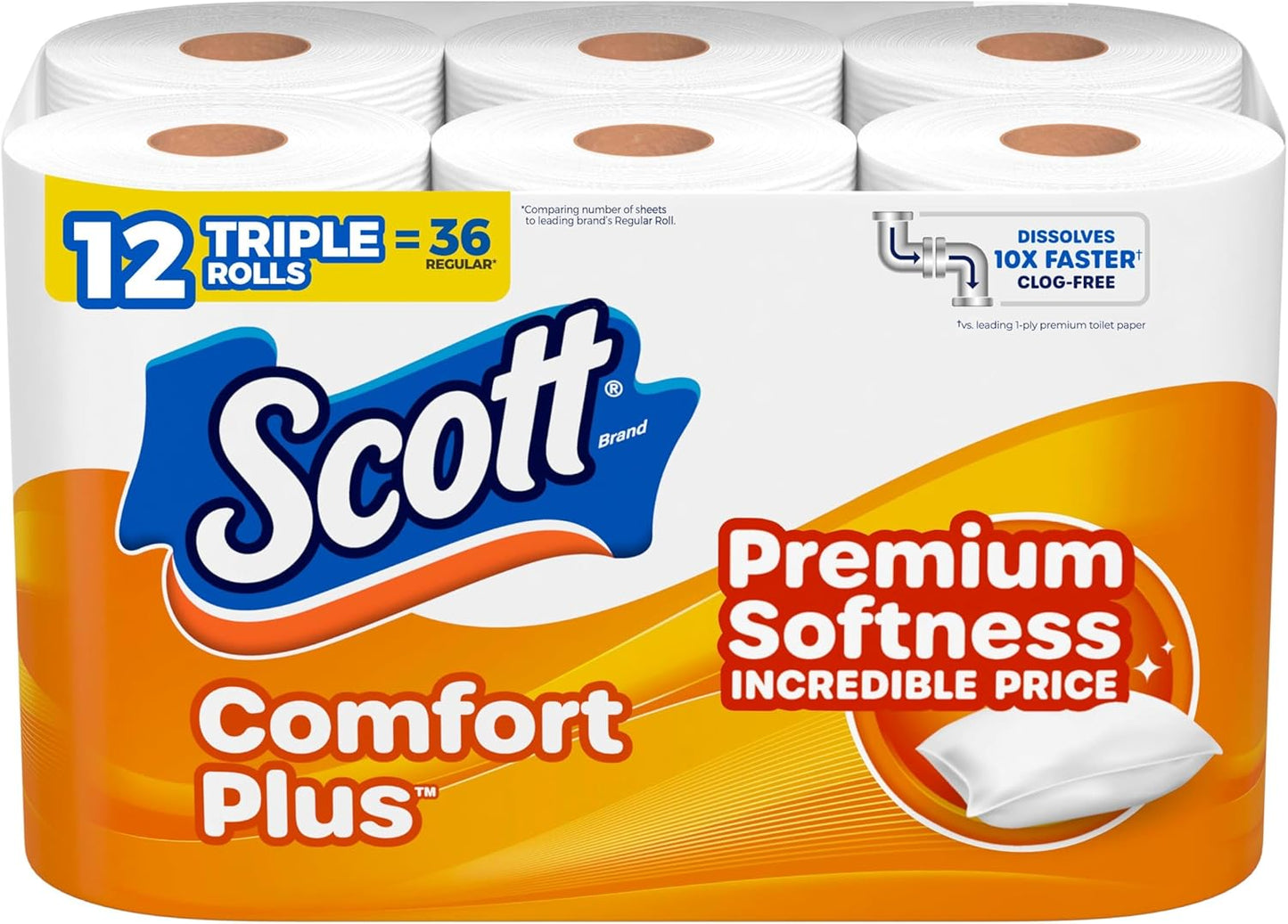 Scott ComfortPlus Toilet Paper - 12 Triple Rolls | 231 Sheets per Roll, Septic-Safe 1-Ply