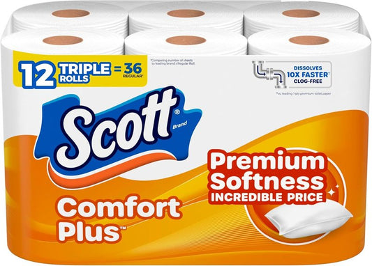 Scott ComfortPlus Toilet Paper - 12 Triple Rolls | 231 Sheets per Roll, Septic-Safe 1-Ply