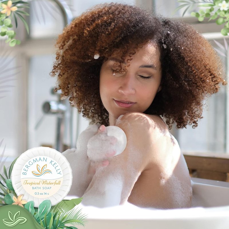 Bergman Kelly Hotel Soap Bars | Tropical Waterfall Scent, 0.5 oz, 100 Pack - Travel Size Mini Toiletries for Airbnb & Motels