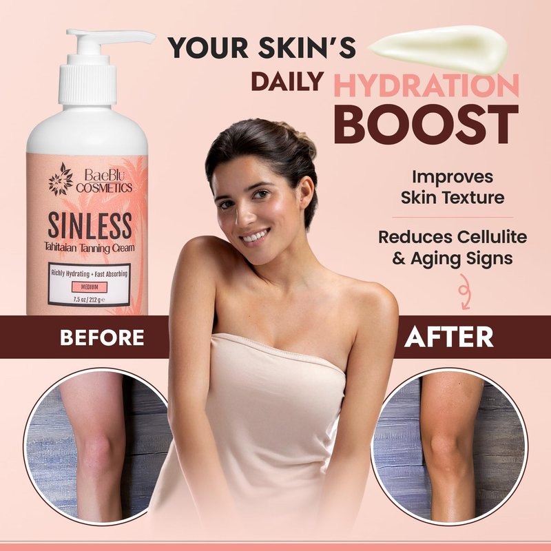 BaeBlu - Sinless Tahitian Self Tan Lotion - Sunless Tanning Lotion with Hydrating Monoi de Tahiti & Coconut Oils for Streak-Free, Golden Tan - No Orange, No Synthetic Fragrance - Vegan & Cruelty-Free