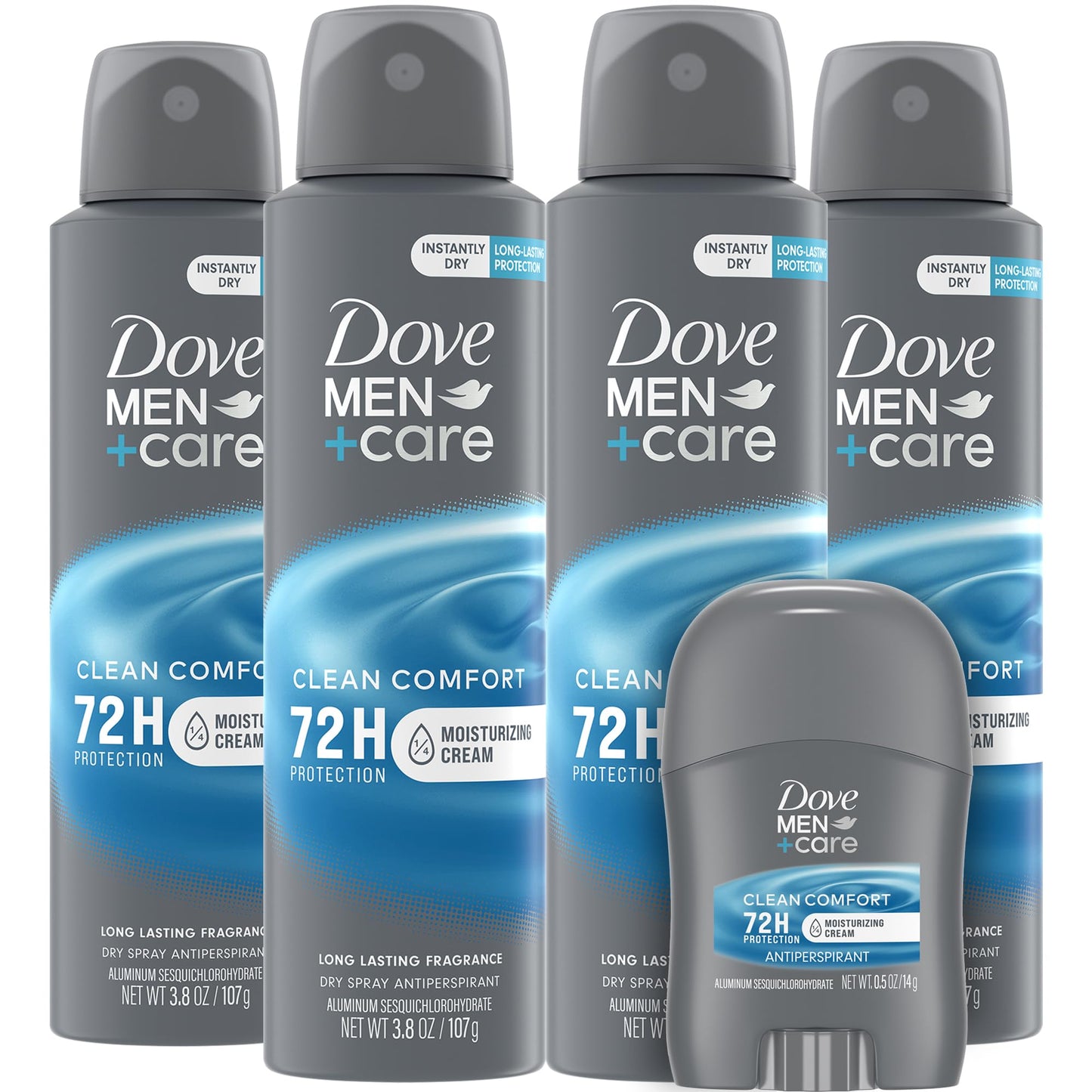 Dove Men + Care Clean Comfort Spray Deodorant & Antiperspirant 150ml / 3.8 Ounce,(4 Pack) + Travel Deodorant Stick (0.5 Oz) – 72H Protection, Long-Lasting Clean Comfort Fragrance