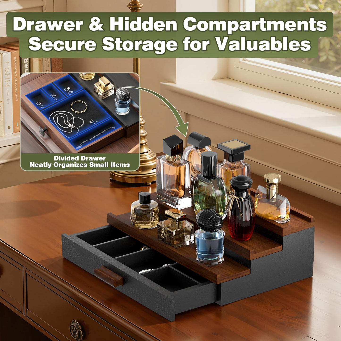 TIRYIUOU Perfume Cologne Organizer for Men: 3 Tier Wooden Perfumes Stand, Desktop Parfum Holder Wood Display Shelf with Cabinet, Bedroom Dresser Makeup Lotion Jewelry Storage Rack with Drawer