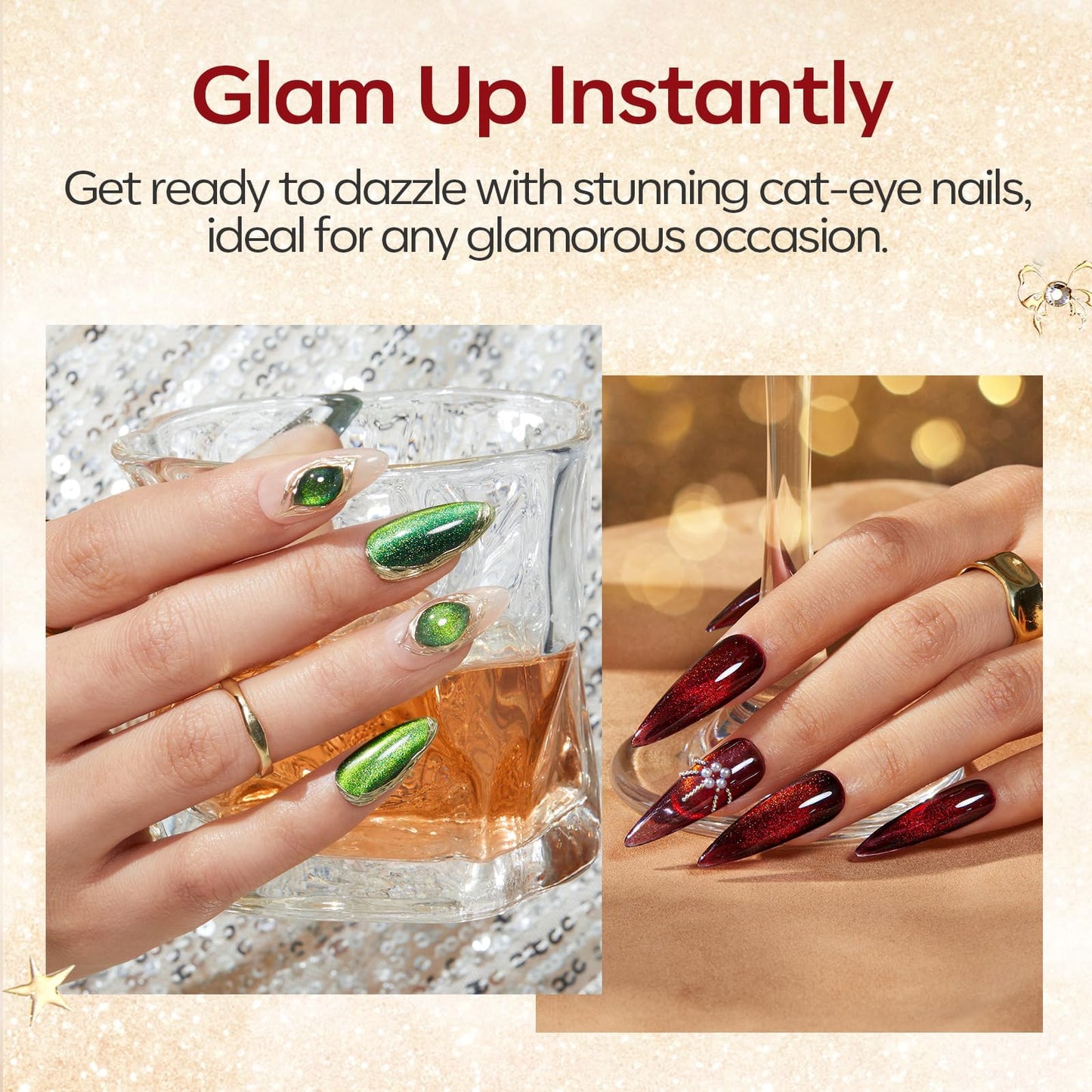 Modelones 8 Colors Gel Nail Polish Kit with U V light, Green Cat Eye Red Gold Sparkle White Glitter Pink Complete Manicure Set Nail Strengthener Base Top Coat Chrome Powder Holiday Gift for Women