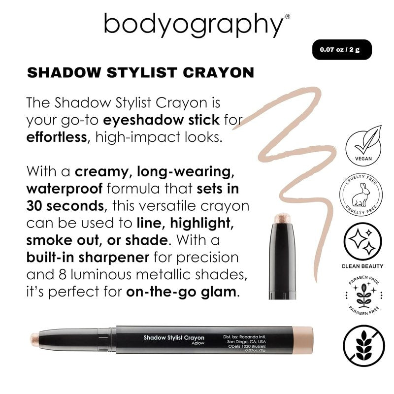 Bodyography Shadow Stylist Crayon - Long-Wear Cream Eyeshadow Stick | Waterproof, Blendable Matte & Shimmer Shades | Aglow Metallic Champagne