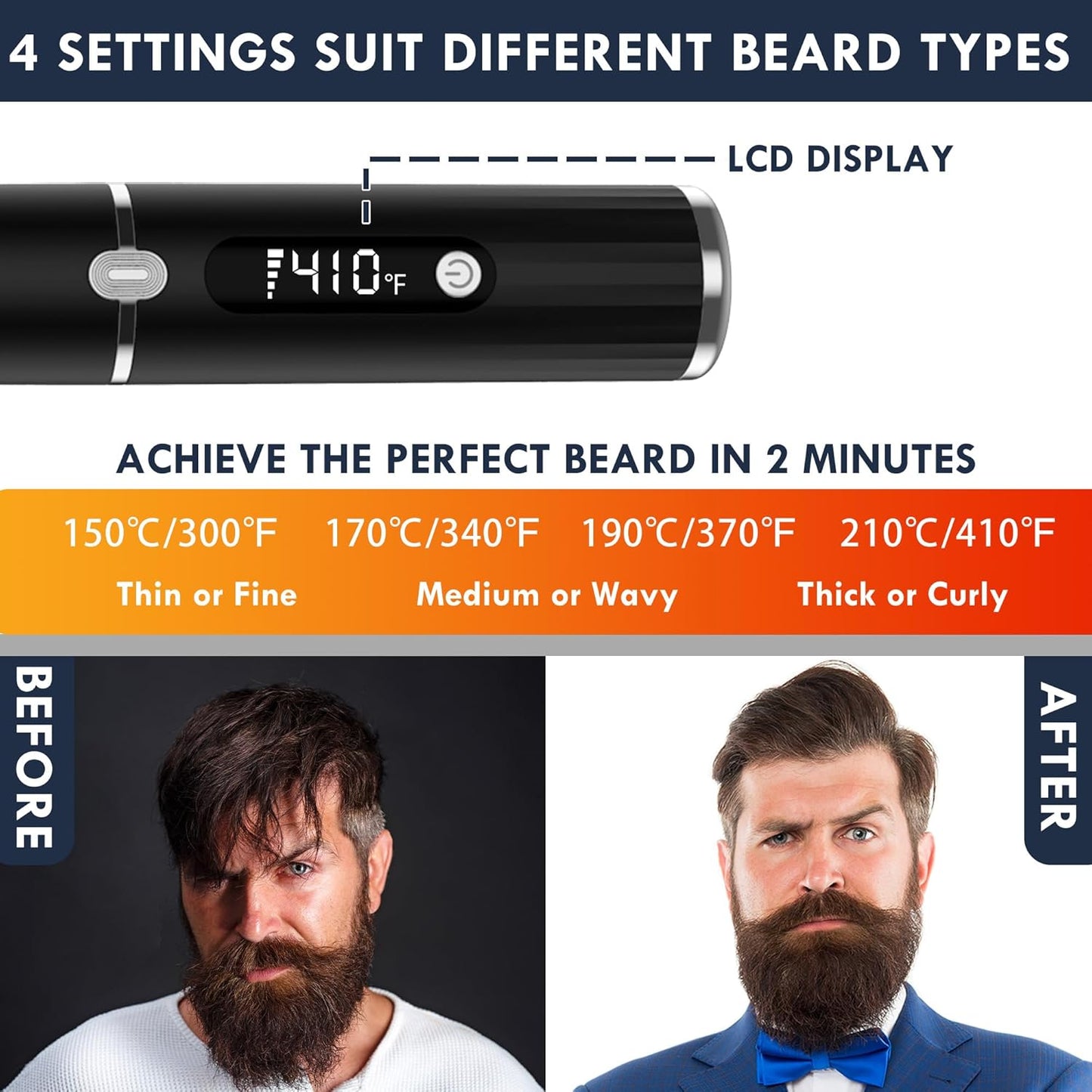 Beard Straightener for Men - Cordless Heated Comb with LCD Display | Anti-Scald, Portable for Travel