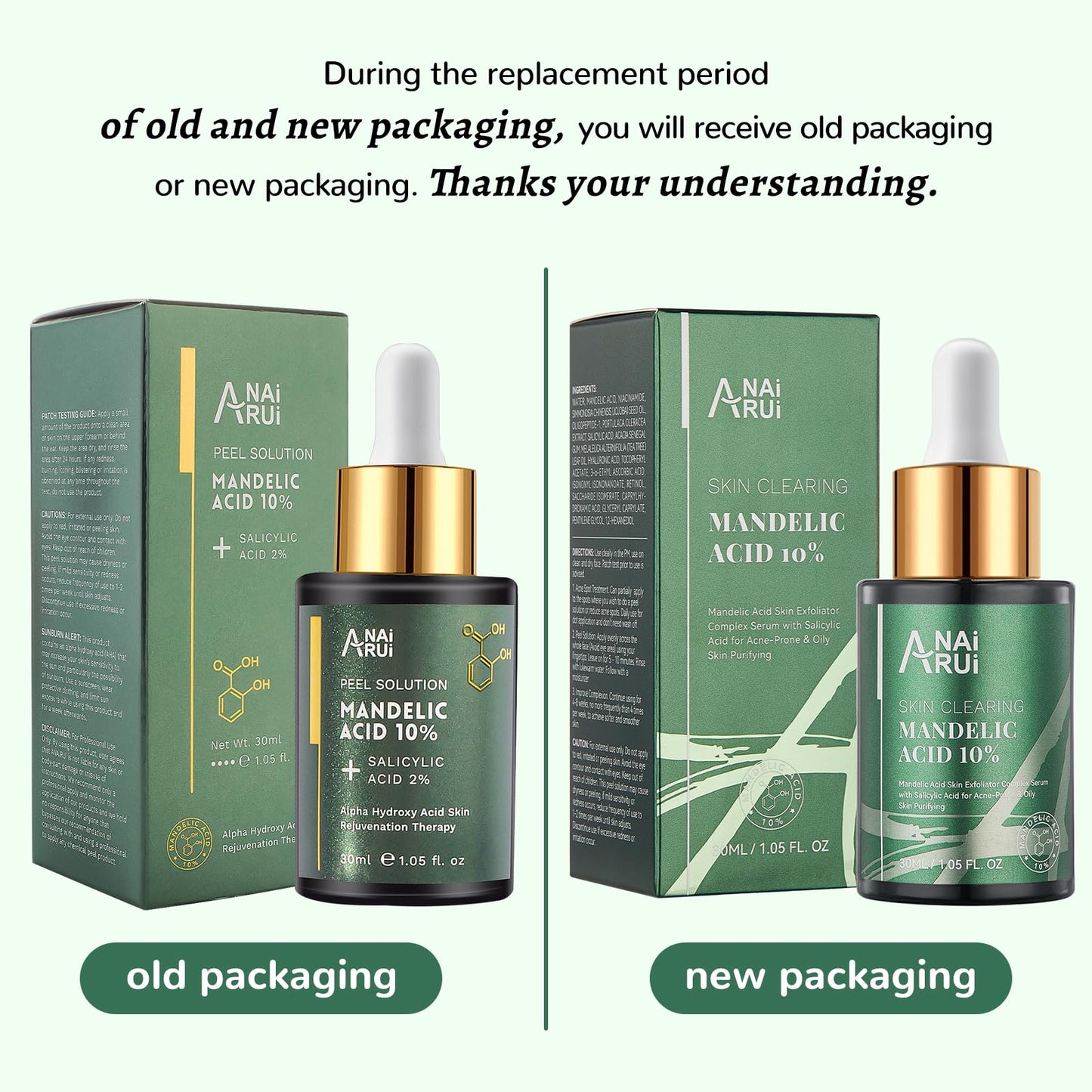 ANAI RUI Mandelic Acid 10% with Salicylic Acid 2%, Tea Tree Oil, AHA BHA Skin Exfoliant Peel Solution, for Dark Spots, Blackheads, Enlarged Pores,1.05FL.Oz