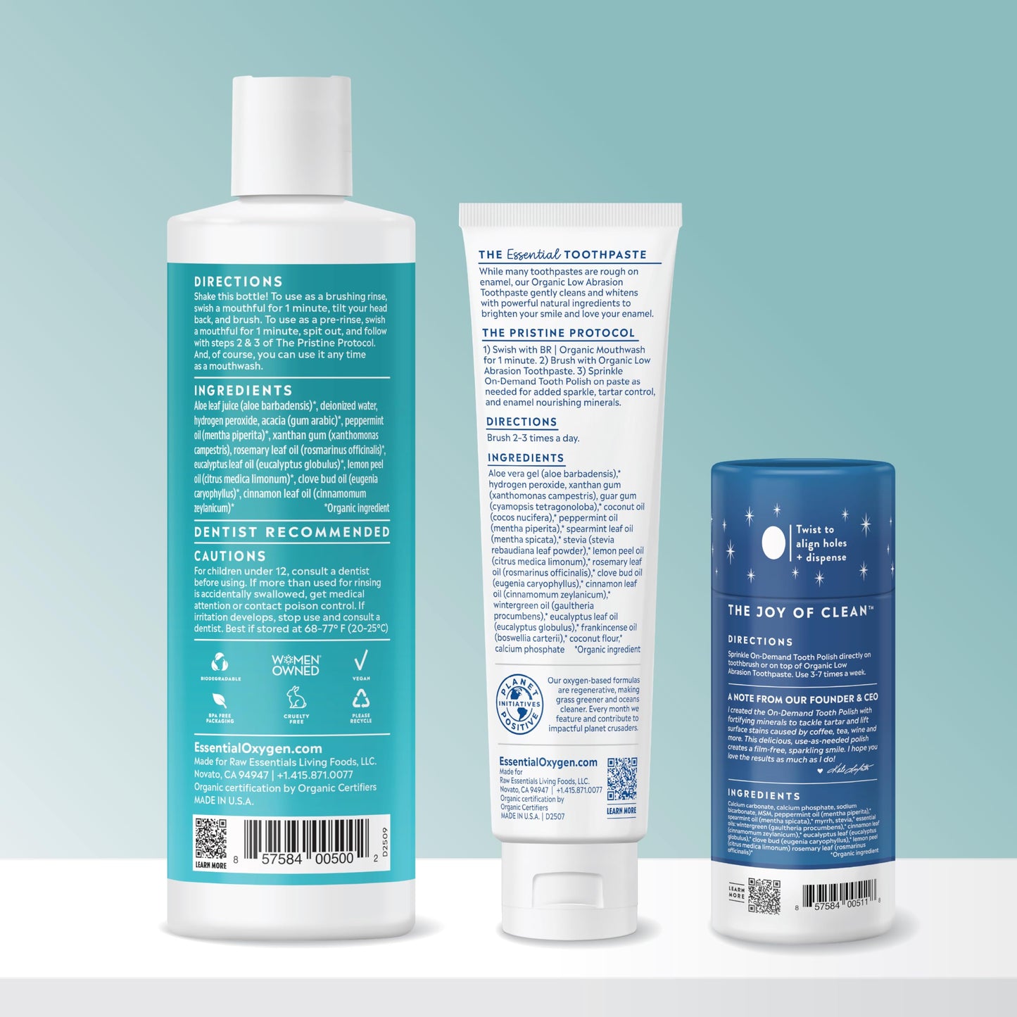 Essential Oxygen Pristine Protocol A 3-Step System (1. Rinse 2. Brush 3. Polish) for Your Best Smile Ever, 3 Count, Combo Pack