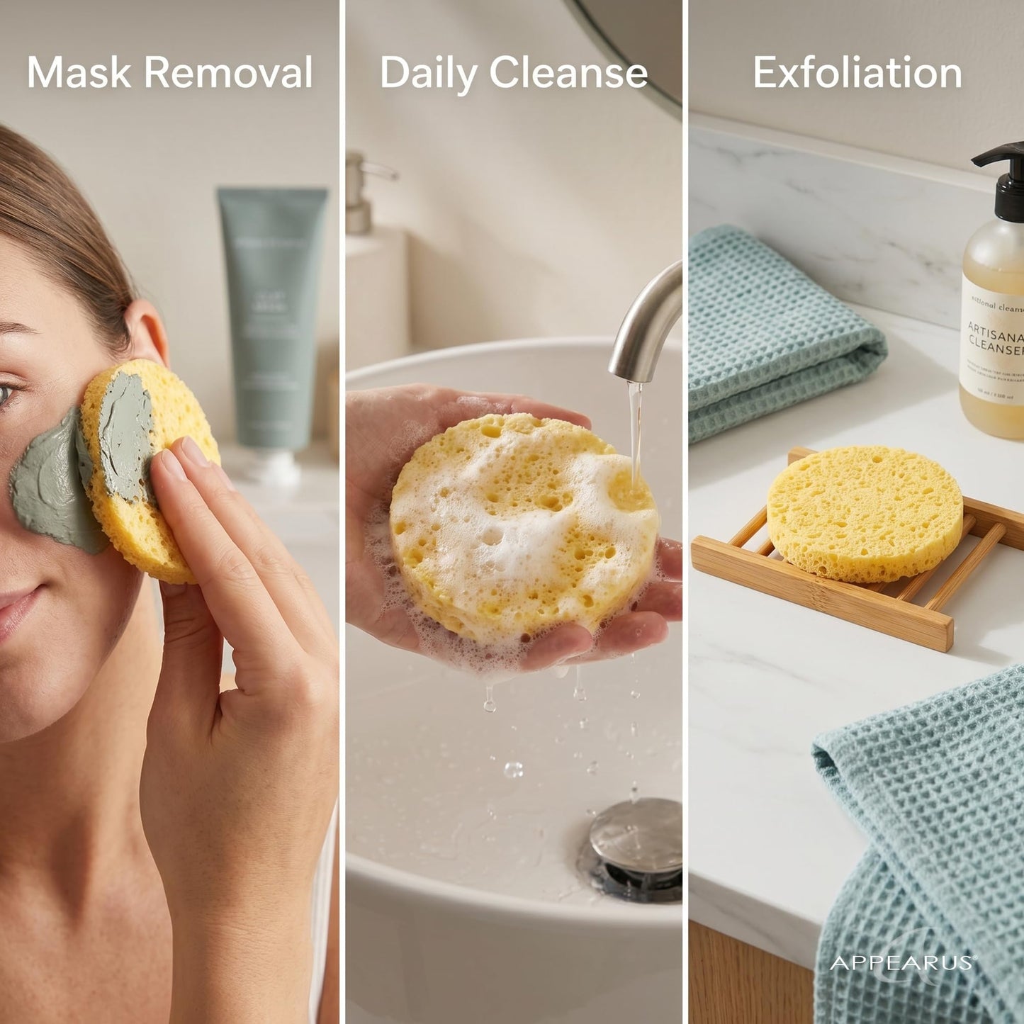 Appearus Natural Cellulose Facial Sponges – 50 Pack (Compressed) – Professional Spa Facial Sponge Pads for Cleansing, Exfoliating, Makeup Removal – Natural Yellow – Gentle on Sensitive Skin
