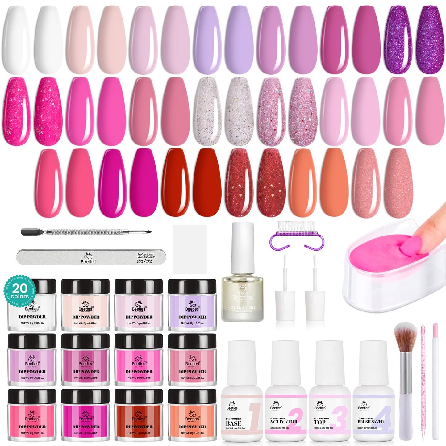 Beetles Dip Powder Nail Kit 36pcs 20 Colors Nude Hot Pink Red Glitter White Dip Nails Powder Starter Kit with Base Top Coat Activator Cuticle Oil Nail Set for Women Alluring Sweetie Collection
