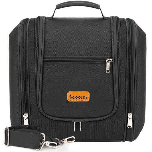 Travel Hanging Toiletry Bag for Women and Men, 6 Organizer Compartments, Holds Full Size Bottles, Extra Large Cosmetic Accessories, Makeup essentials, Bathroom Water-resistant Toiletries Bag, Black