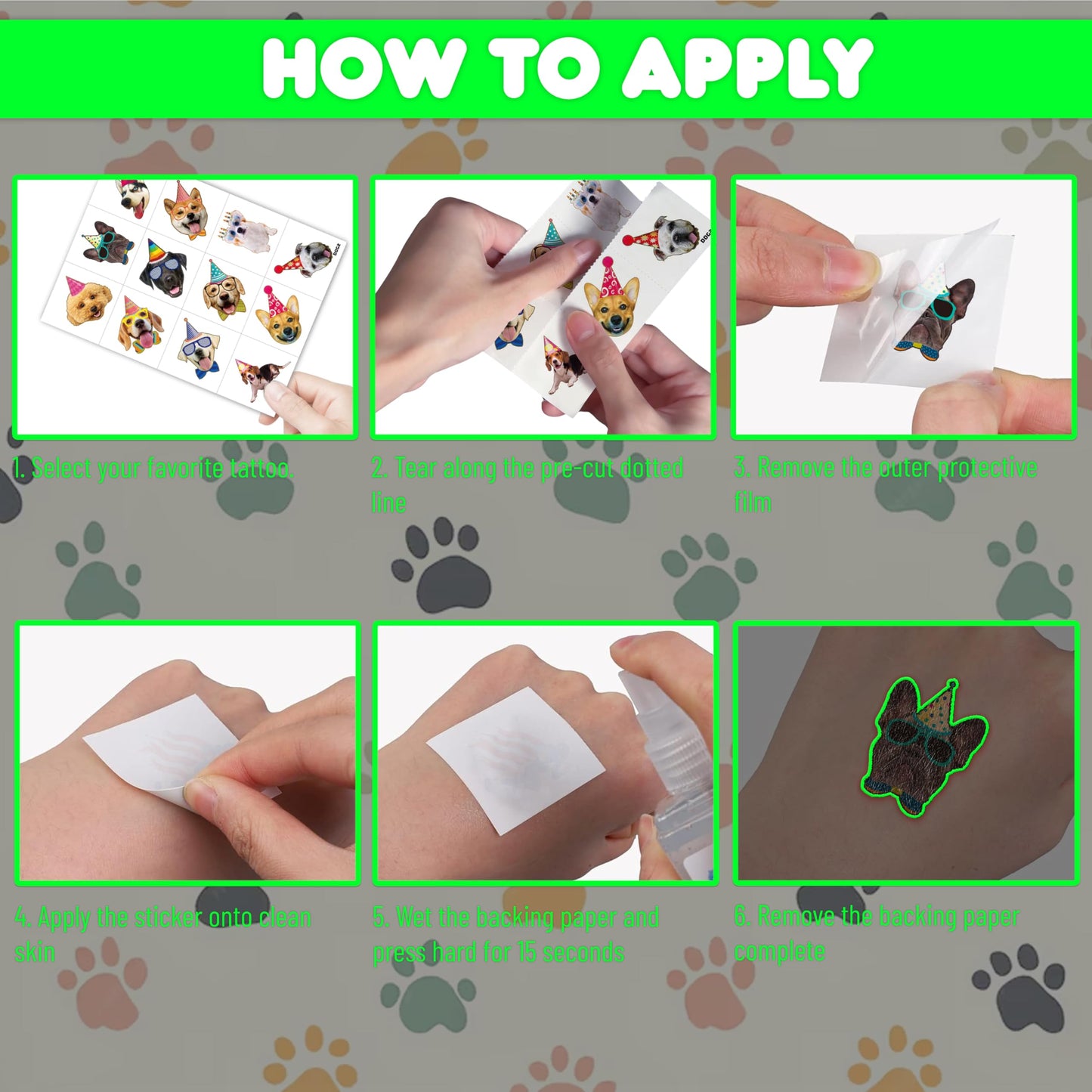 96PCS Dog Party Temporary Tattoos Stickers for Kids, Glow Dog