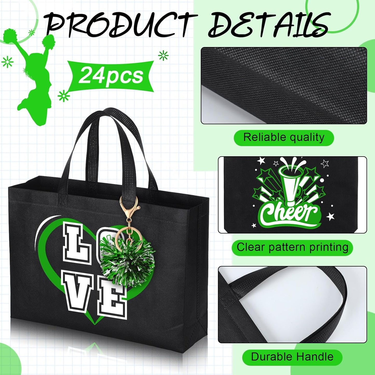 Cheerleading Gifts Set - 72 Pcs Green Cheer Bags, Pom Pom Keychains & Bracelets | Perfect for Female Teammates