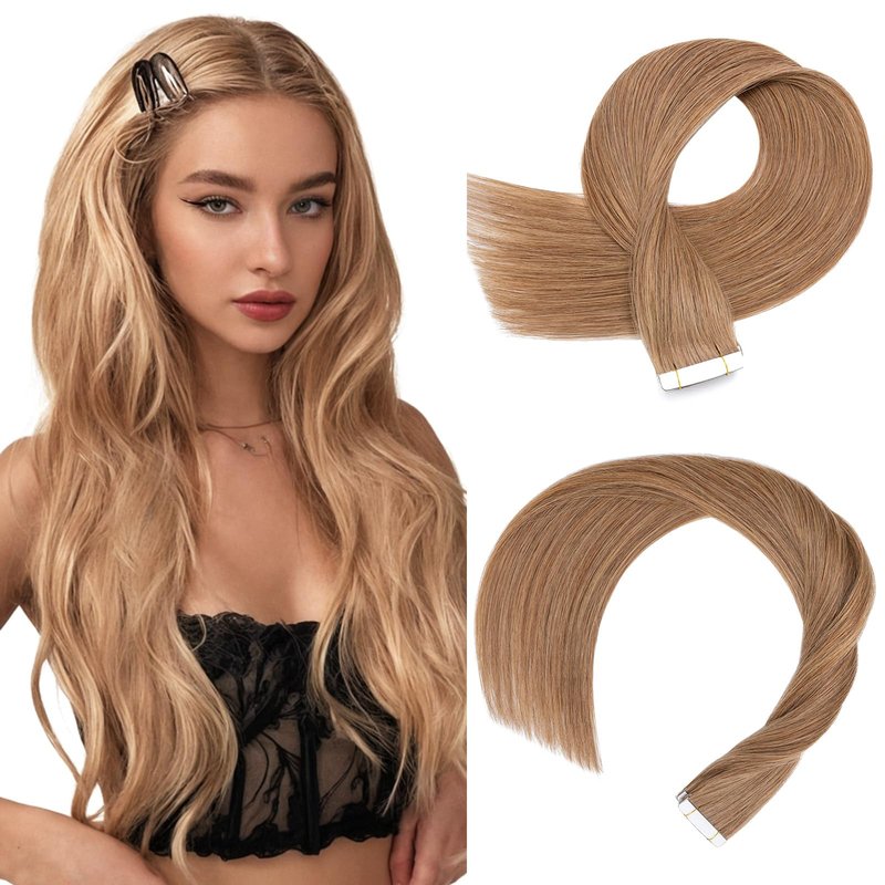 Hairro Tape In Real Human hair Extension Glue In Skin Weft Hair Extensions Rooted Tape in Hair Seamless Invisible Double Sided Tape Human Hair Extensions For Women 20 inch 30g 20pcs #06 Light Brown
