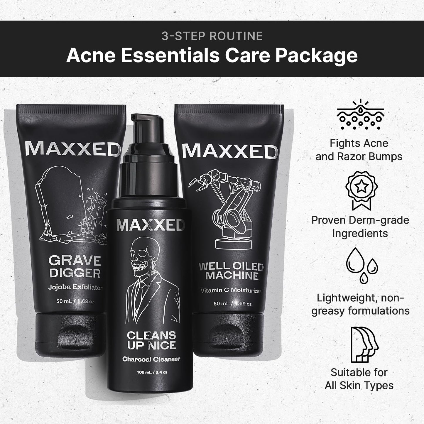 MAXXED Acne Essentials Skincare Kit - Charcoal Face Wash, Vitamin C Moisturizer and Jojoba Face Scrub for Oily Skin, Breakouts, Razor Bumps, Dullness - Daily Skin Care Routine Set of 3