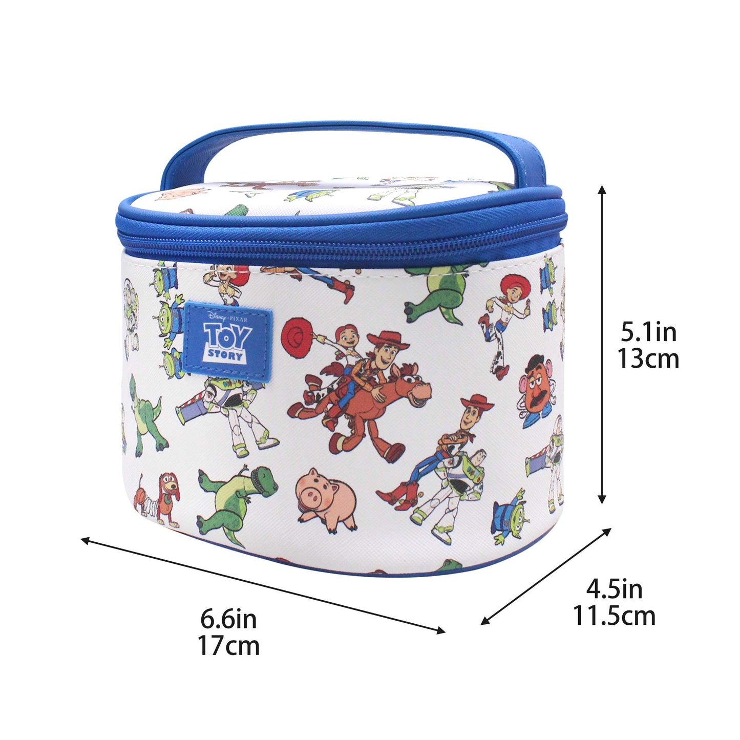 Finex Cartoon Story PVC Waterproof Makeup Organizer Bag Zipper Closure with Top Handle and Removable Matching Hand Strap Oval Base Case