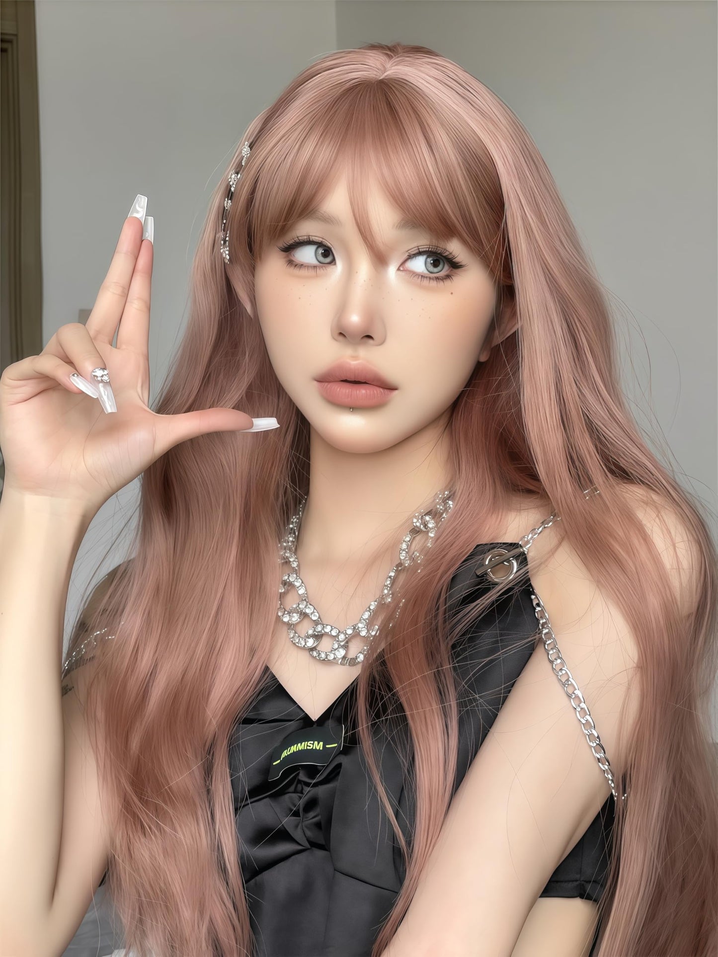 Aadesso Peach Pink Long Straight Wig 65cm Blunt Bangs Daily Synthetic Hair for Women East Asian Fashion K-pop Style Sweet Fresh Heat Resistant wig cap (25.6 Inch)