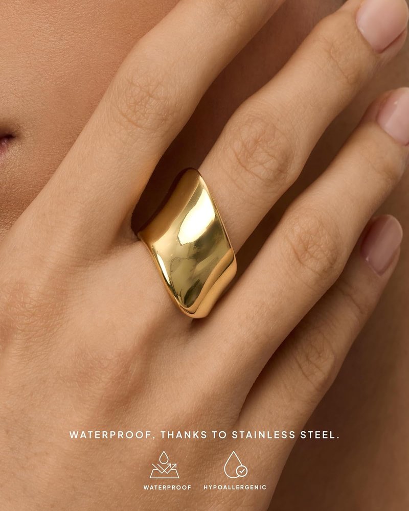 PAVOI 14K Gold Plated Chunky Statement Ring - Hypoallergenic Stainless Steel Stackable Design for Women