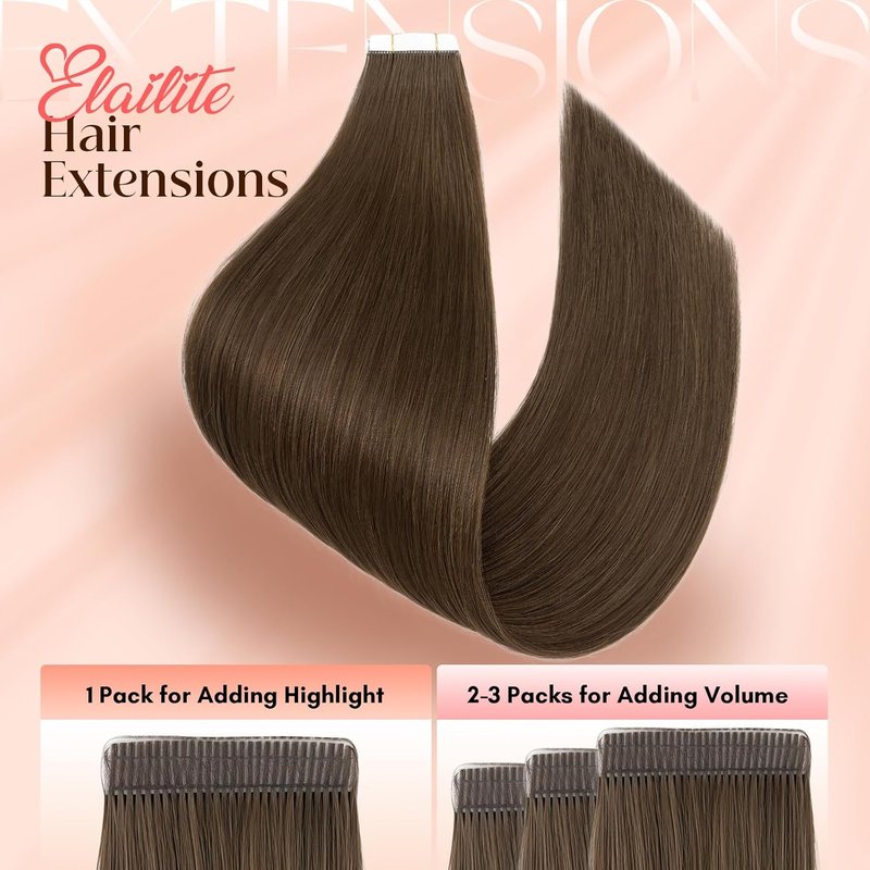 Real Remy Hair Tape-In Extensions - Thick Dark Brown 14 Inch | 20pcs Seamless Skin Weft