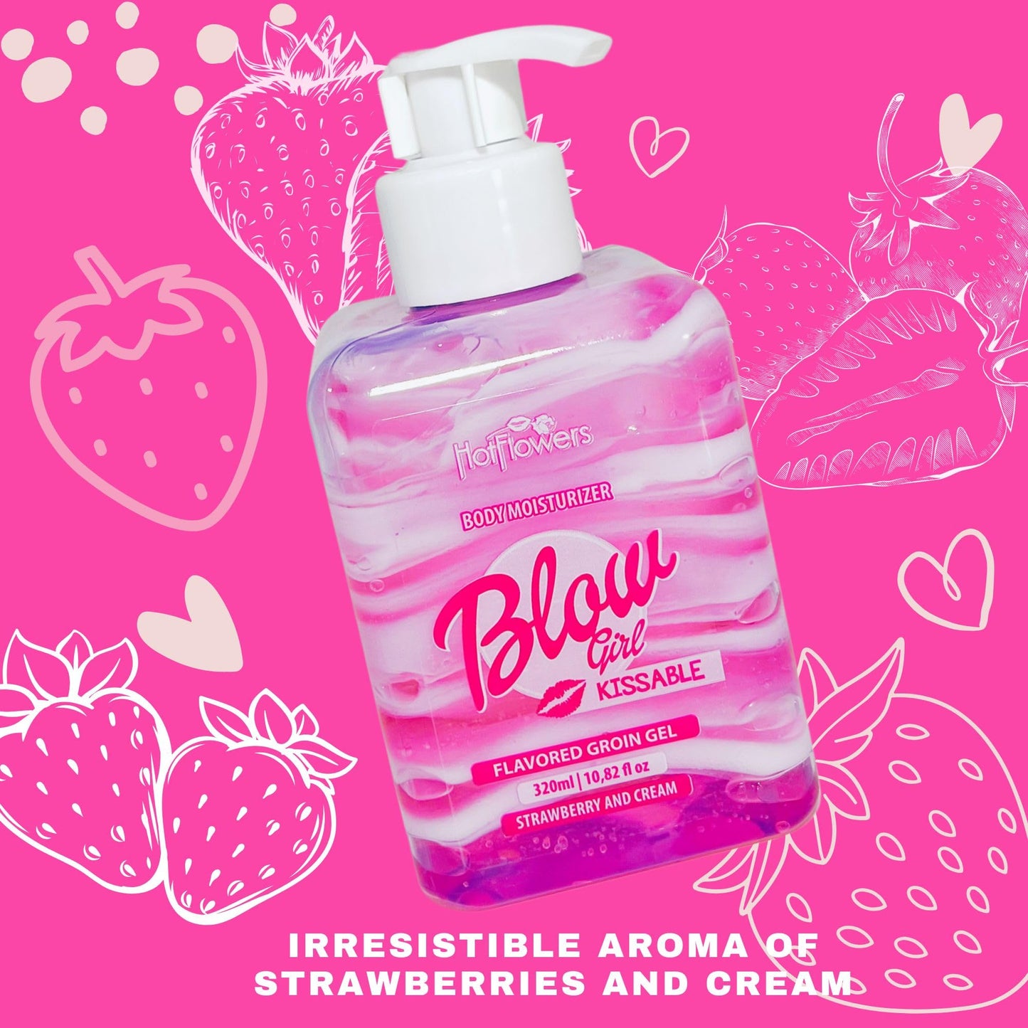 HOT FLOWERS Blow Girl Lickable Moisturizing Lotion, Strawberry & Cream Flavored Body Moisturizer, Sugar-Free & Gluten-Free Gel-Cream for Soft, Smooth Skin, Daily Body Care & Massage, 320ml