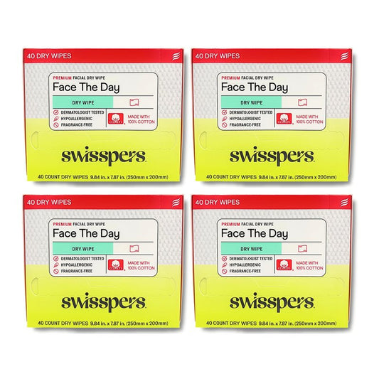 Swisspers Premium 100% Cotton Dry Facial Wipes - Hypoallergenic, Biodegradable Beauty Cloths with Dot Embossing - Vegan Makeup Remover Towelettes for Women & Men, 40 Count (Pack of 4)