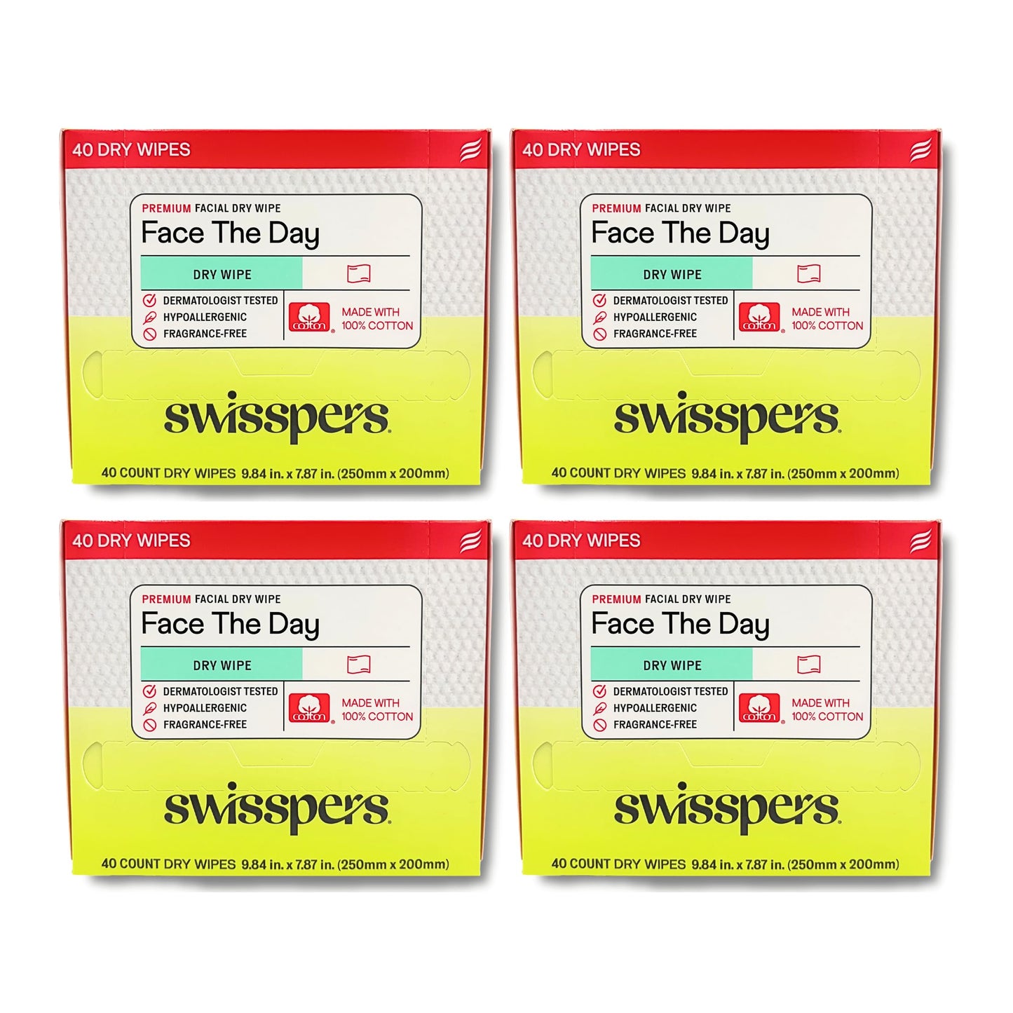 Swisspers Premium 100% Cotton Dry Facial Wipes - Hypoallergenic, Biodegradable Beauty Cloths with Dot Embossing - Vegan Makeup Remover Towelettes for Women & Men, 40 Count (Pack of 4)