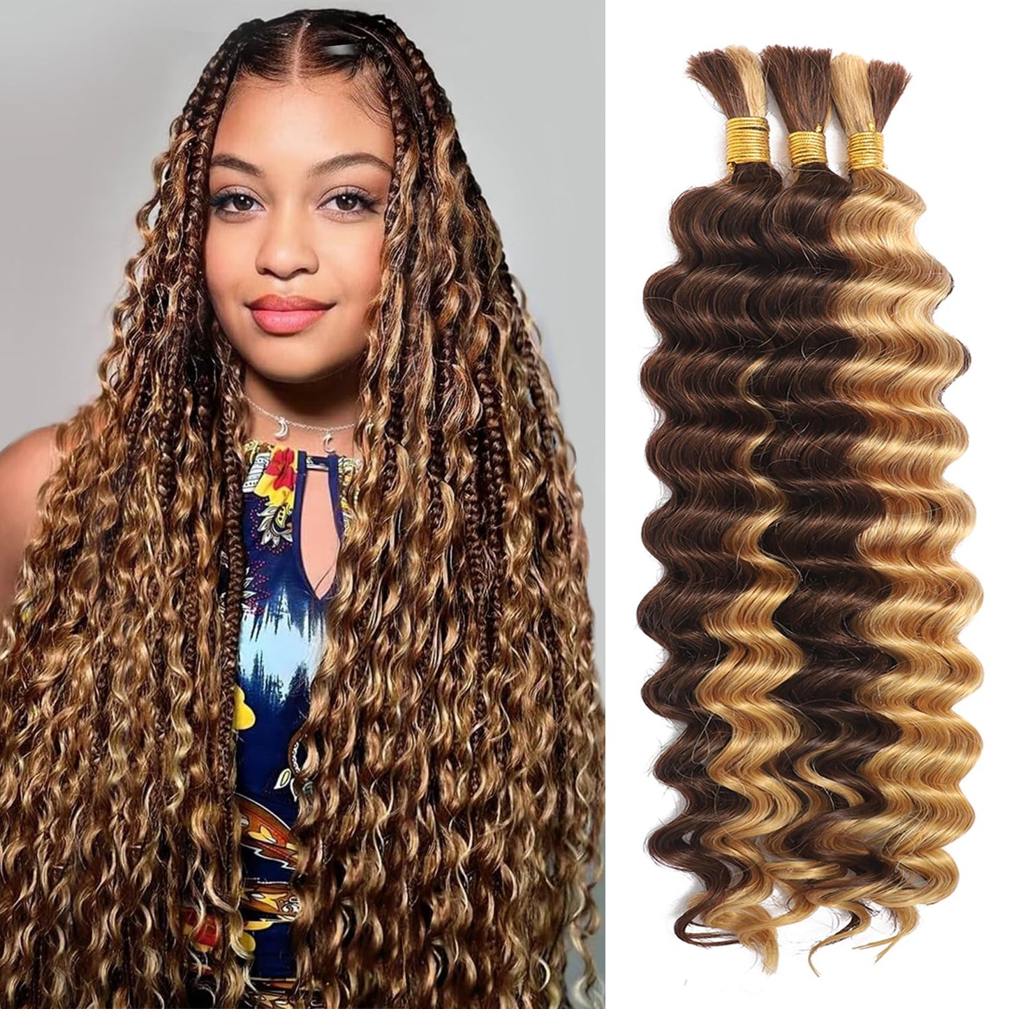Human Braiding Hair for Boho Braids, Deep Wave Bulk Boho Braids Human Hair for Knotless Curly Bohemian Water Wave Braiding 110g 16 Inch Chocolate Brown (3 No Weft Bundles/Pack)