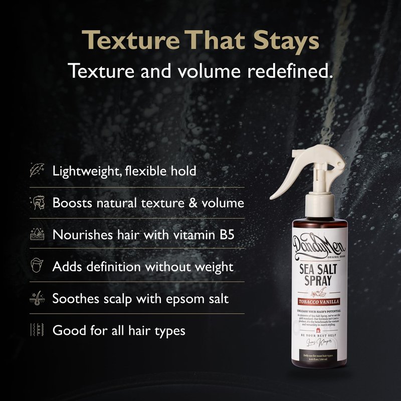 DandyMen Sea Salt Spray for Men – Texturizing & Volumizing Hair Spray for Beachy Waves, Matte Finish - Tobacco Vanilla, 1-pack