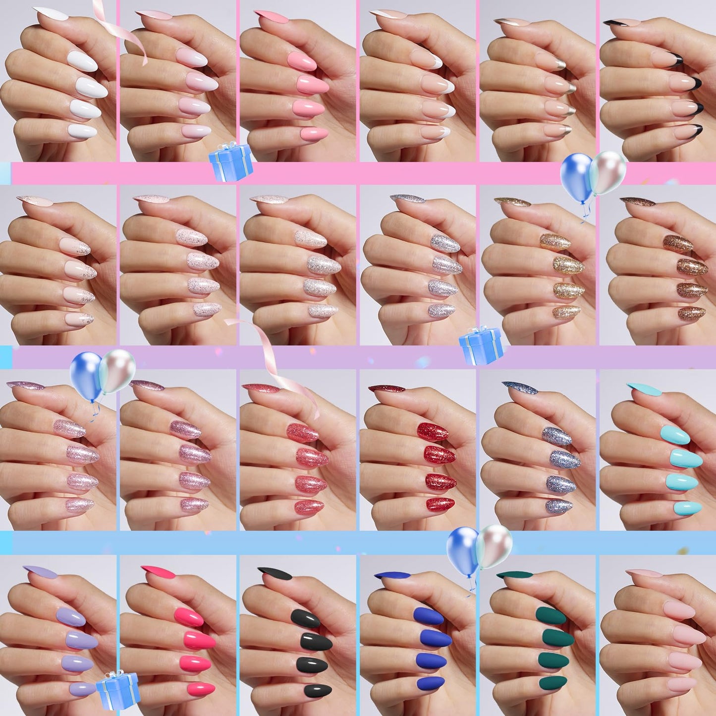 Beetles Press on Nails Kit 720Pcs 24 Colors, Short Almond Press on Nail Glossy Matte Glitter with Nail Glue & Nail Tabs Stickers, Natural Fit Lightweight Fake Nails Kit Art for Women Girls