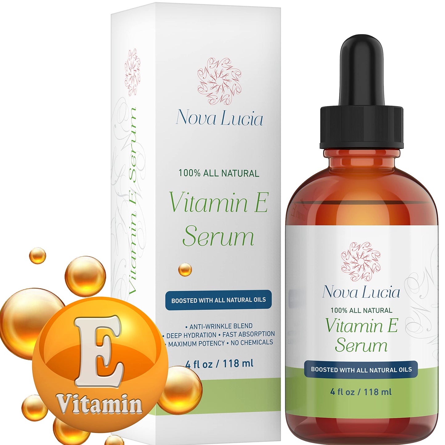 Nova Lucia Organic Vitamin E Oil – Pure Vitamin E for Skin, Face & Hair | Scar & Stretch Mark Treatment, Natural Moisturizer for Soft, Smooth, Hydrated Skin – 4 oz