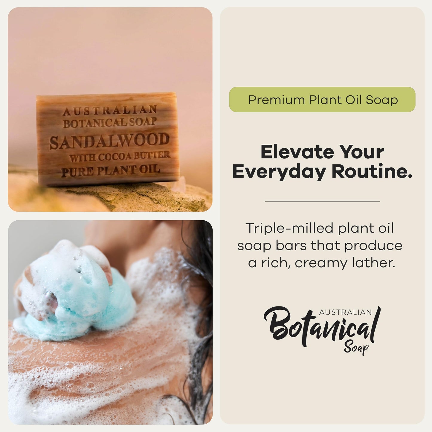 Australian Botanical Soap Sandalwood with Cocoa Butter – Triple Milled 6.6 oz Bar Soap with Shea Butter, Face Hand & Body Soap Bars, Pack of 6